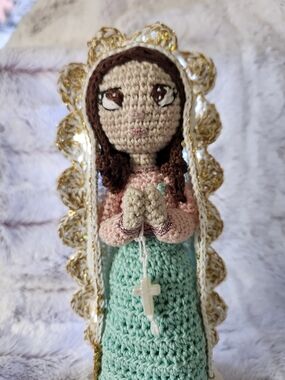 Handmade Crocheted Prayer Doll in Mint and Pink